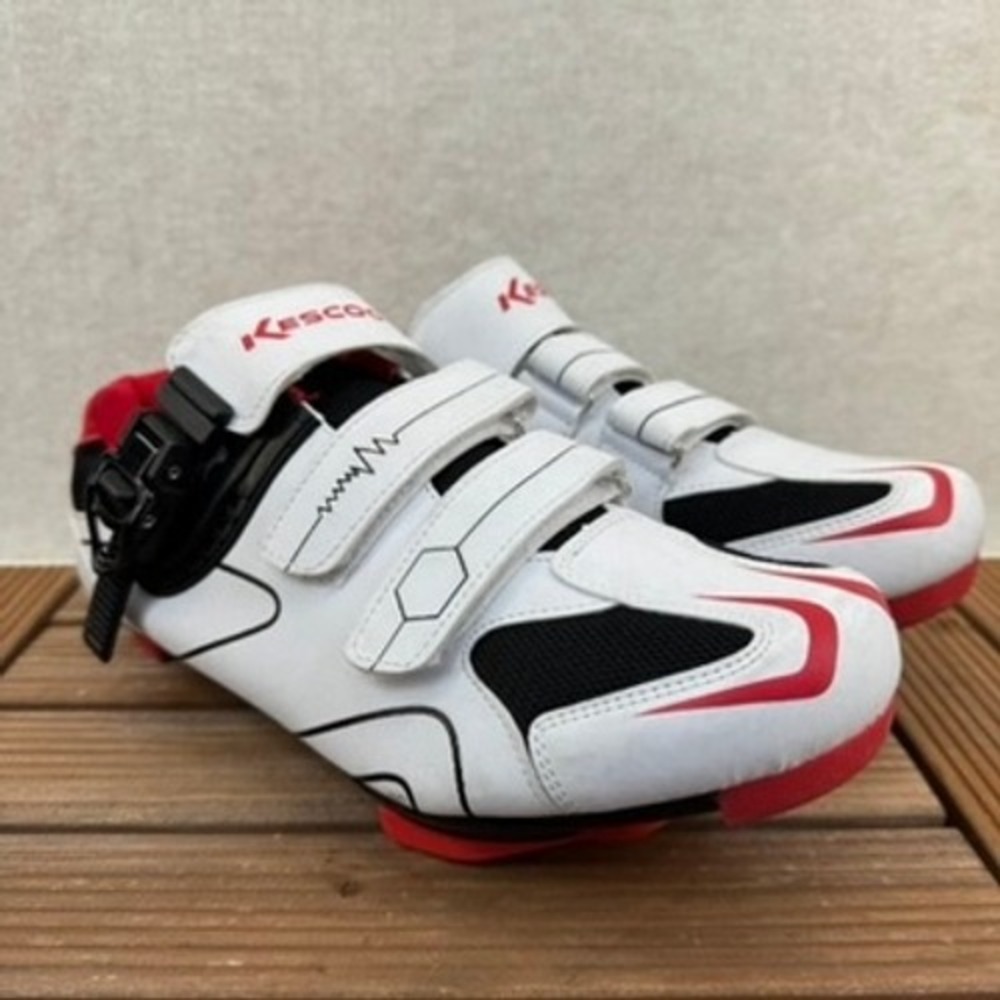 KESCOO Cycling Shoes Road Bike Cleats White Red Black Size 44 Buckle Straps